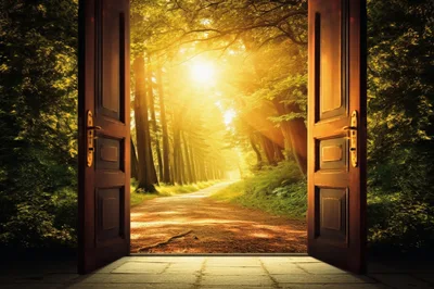 Open Doorway Revealing A Sunlit Forest Path