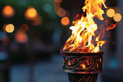 Decorative Metal Torch Burning With Bright Orange Flames