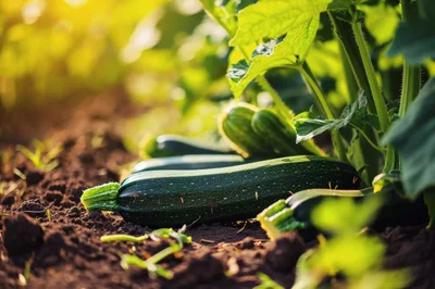 Fresh Zucchini Growing In A Sunny Garden