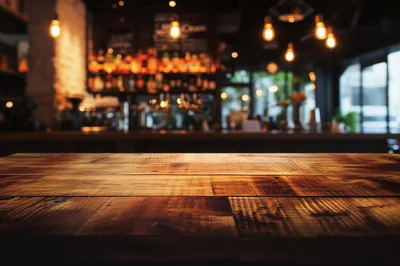 Empty Wooden Bar Counter In A Dimly Lit Pub