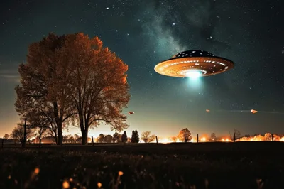 UFO Hovering Over A Rural Field At Night