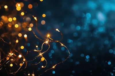Golden Fairy Lights Against Dark Blue Bokeh Background