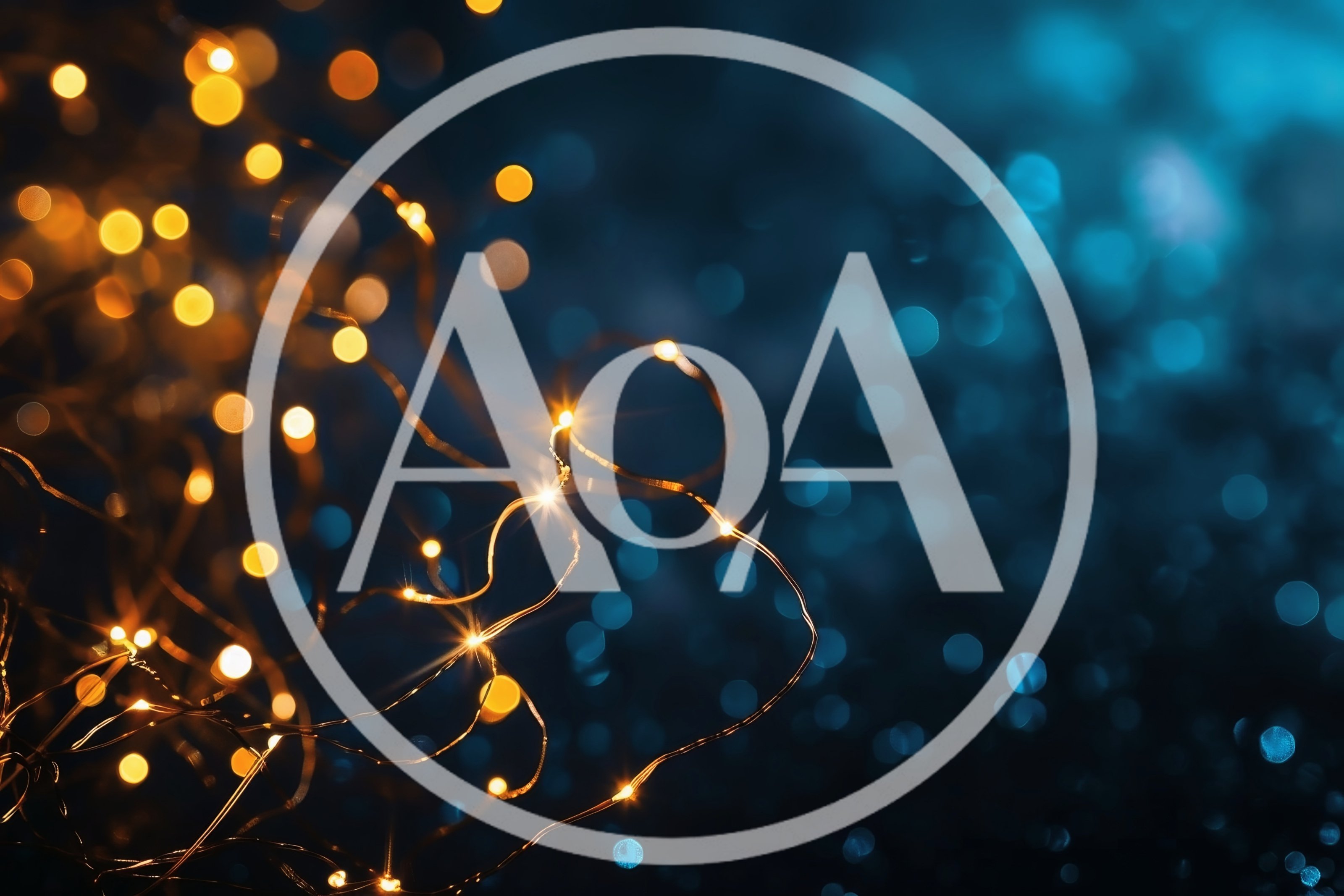 Golden Fairy Lights Against Dark Blue Bokeh Background
