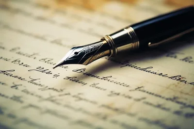 Fountain Pen Resting On Vintage Handwritten Manuscript