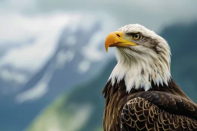 Majestic Bald Eagle Portrait Against Blurred Mountain Background