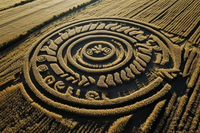 Aerial View Of Intricate Crop Circle In Golden Field