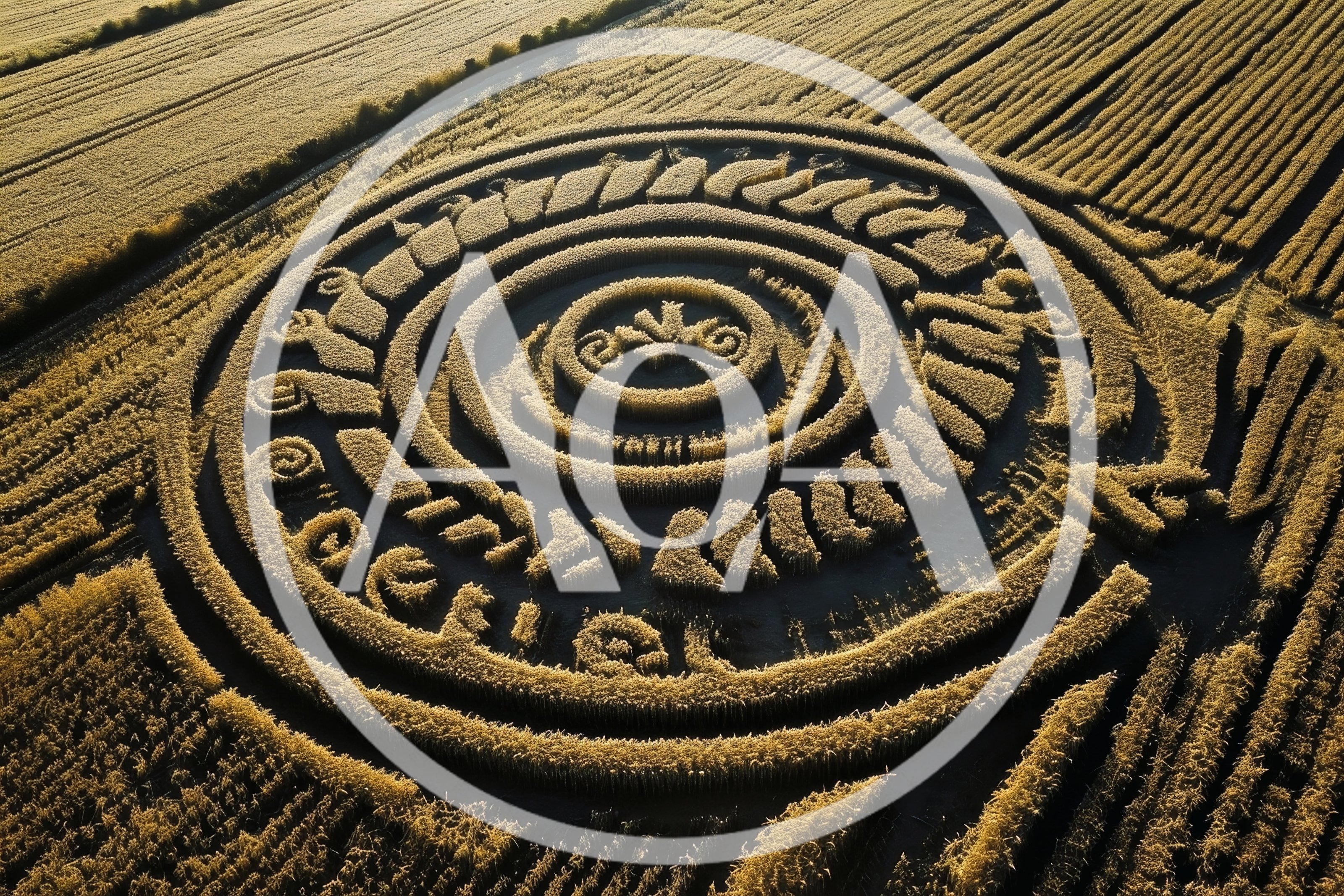 Aerial View Of Intricate Crop Circle In Golden Field