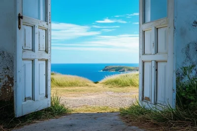 Open White Wooden Doors Overlooking A Coastal Ocean View