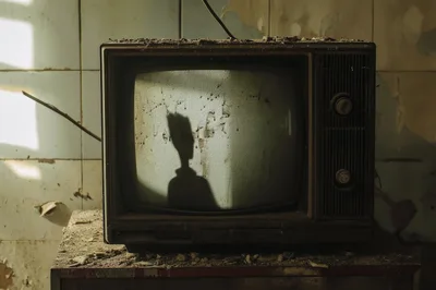 Old Dusty Television Set With Eerie Shadow Reflection