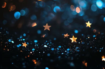Golden Star Confetti On Dark Blue Glitter Background