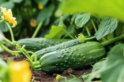 Fresh Green Cucumbers Growing In A Garden