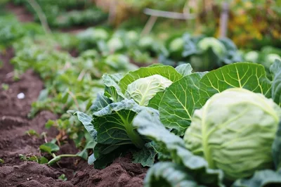 Fresh Green Cabbage Heads Growing In Garden