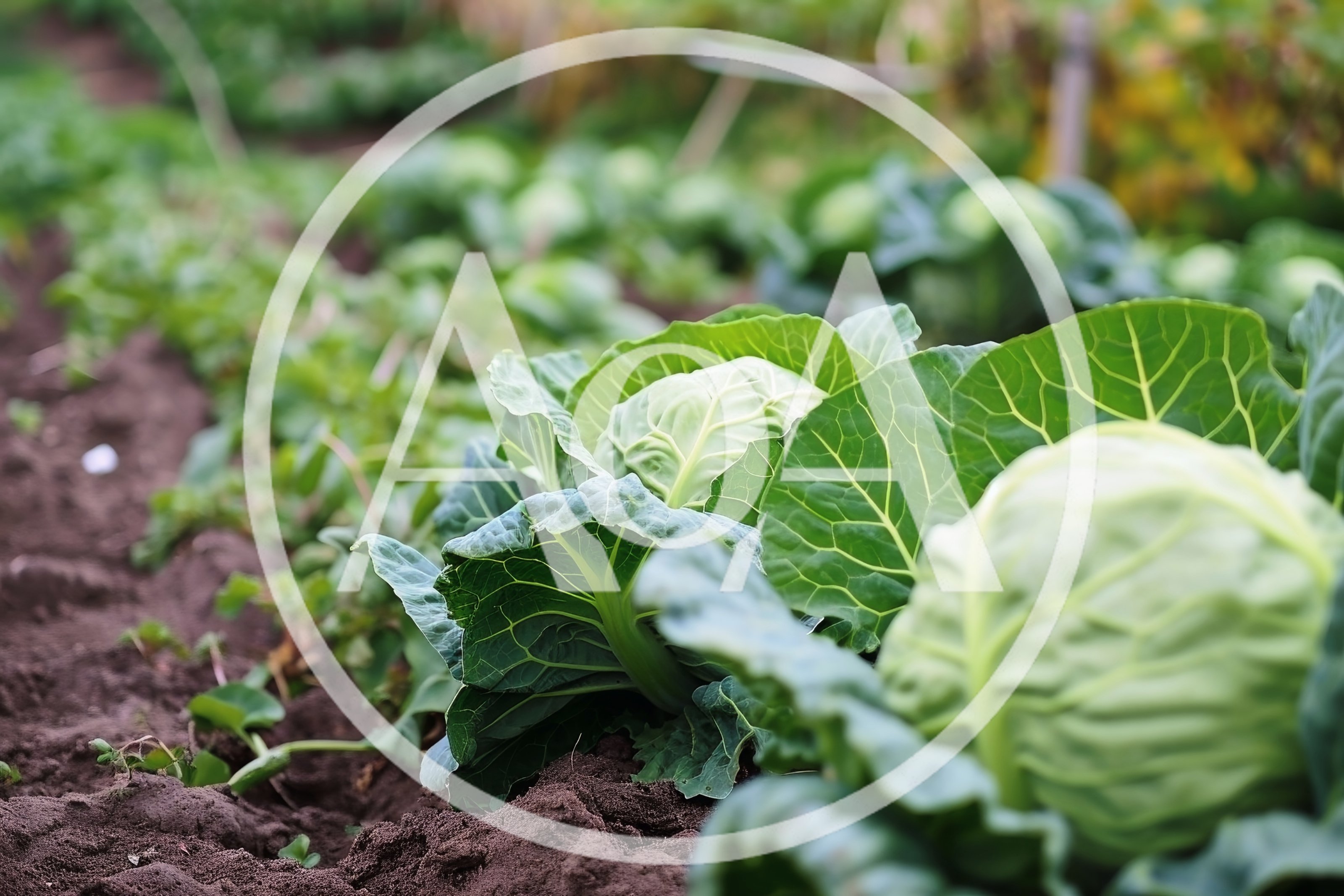 Fresh Green Cabbage Heads Growing In Garden