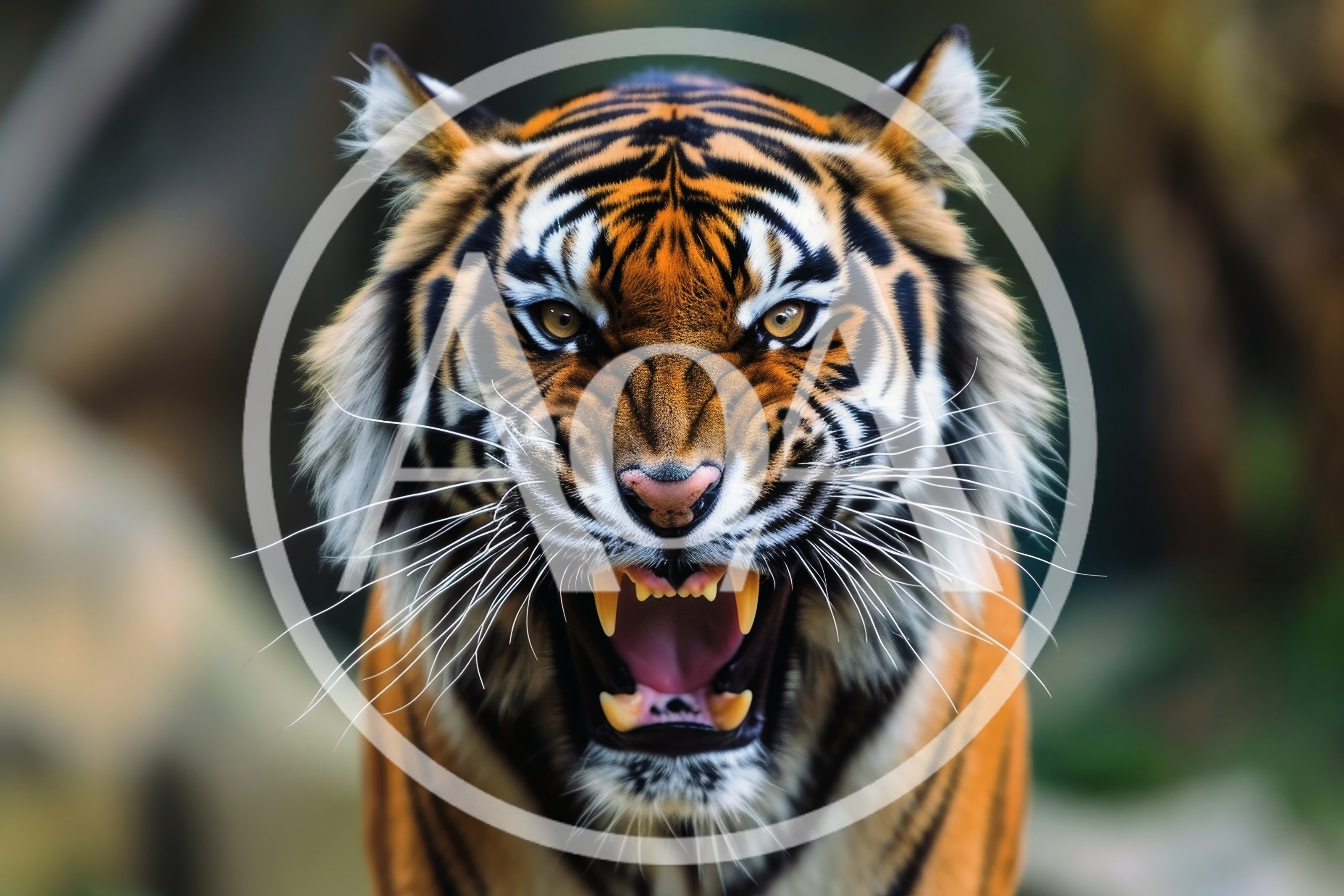 Aggressive Tiger Roaring With Bared Fangs