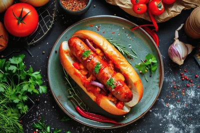 Gourmet Hot Dog Served on a Rustic Plate