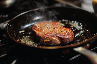 Beef Steak Searing In A Hot Cast Iron Skillet