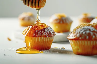 Honey Drizzling Over Freshly Baked Muffins