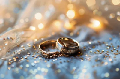Two Elegant Wedding Rings On Sparkling Blue Fabric