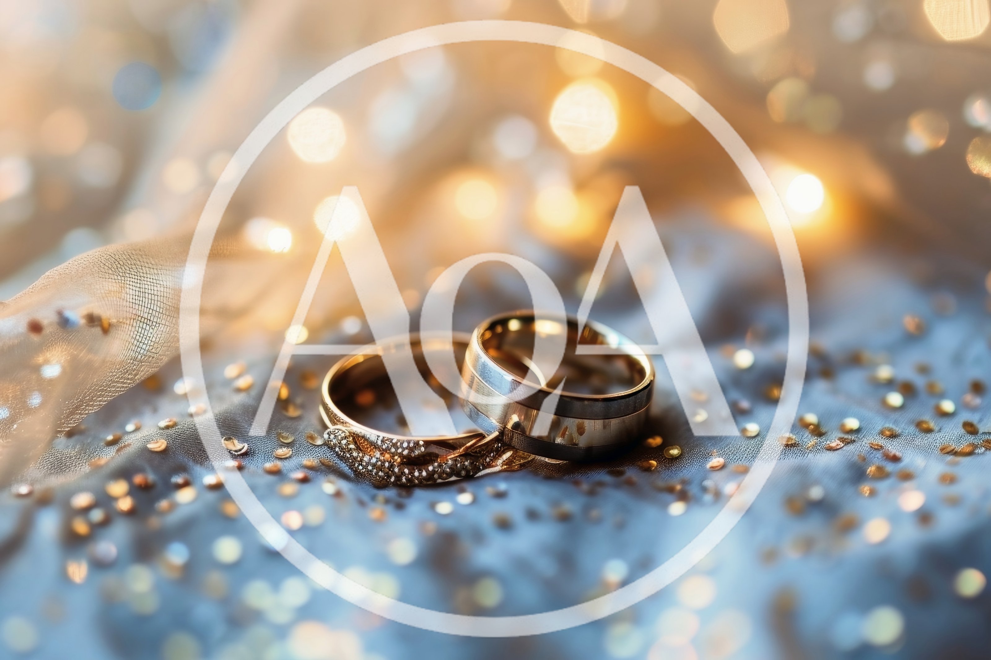 Two Elegant Wedding Rings On Sparkling Blue Fabric
