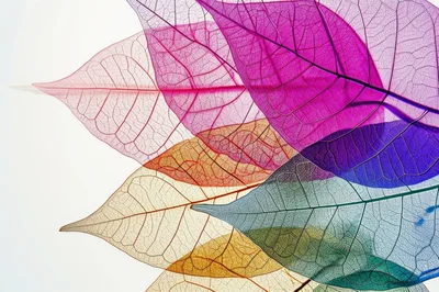 Colorful Skeletonized Leaves Overlapping On White Background