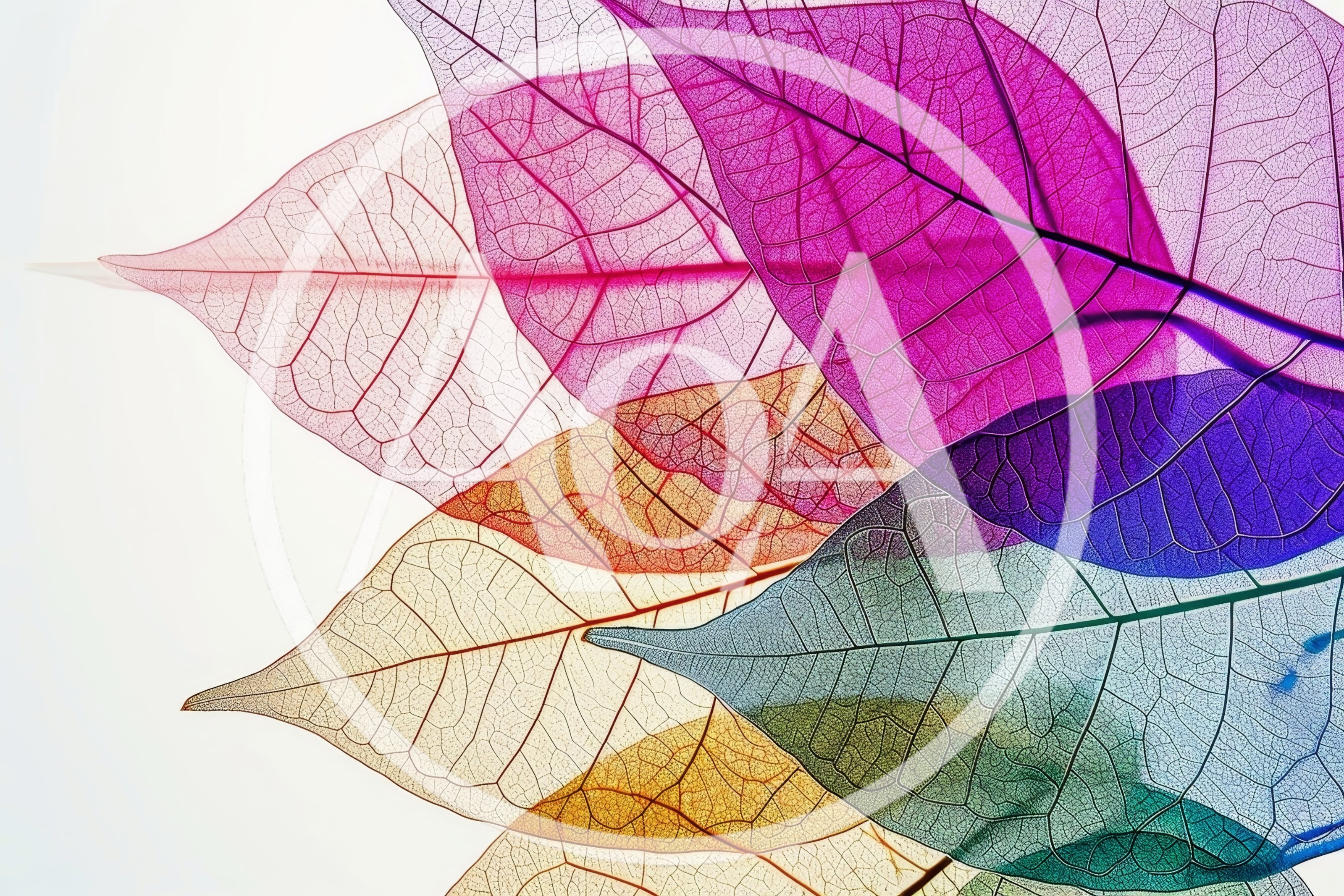 Colorful Skeletonized Leaves Overlapping On White Background