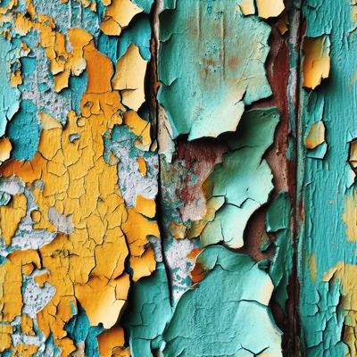 Weathered Wooden Surface With Peeling Teal And Yellow Paint