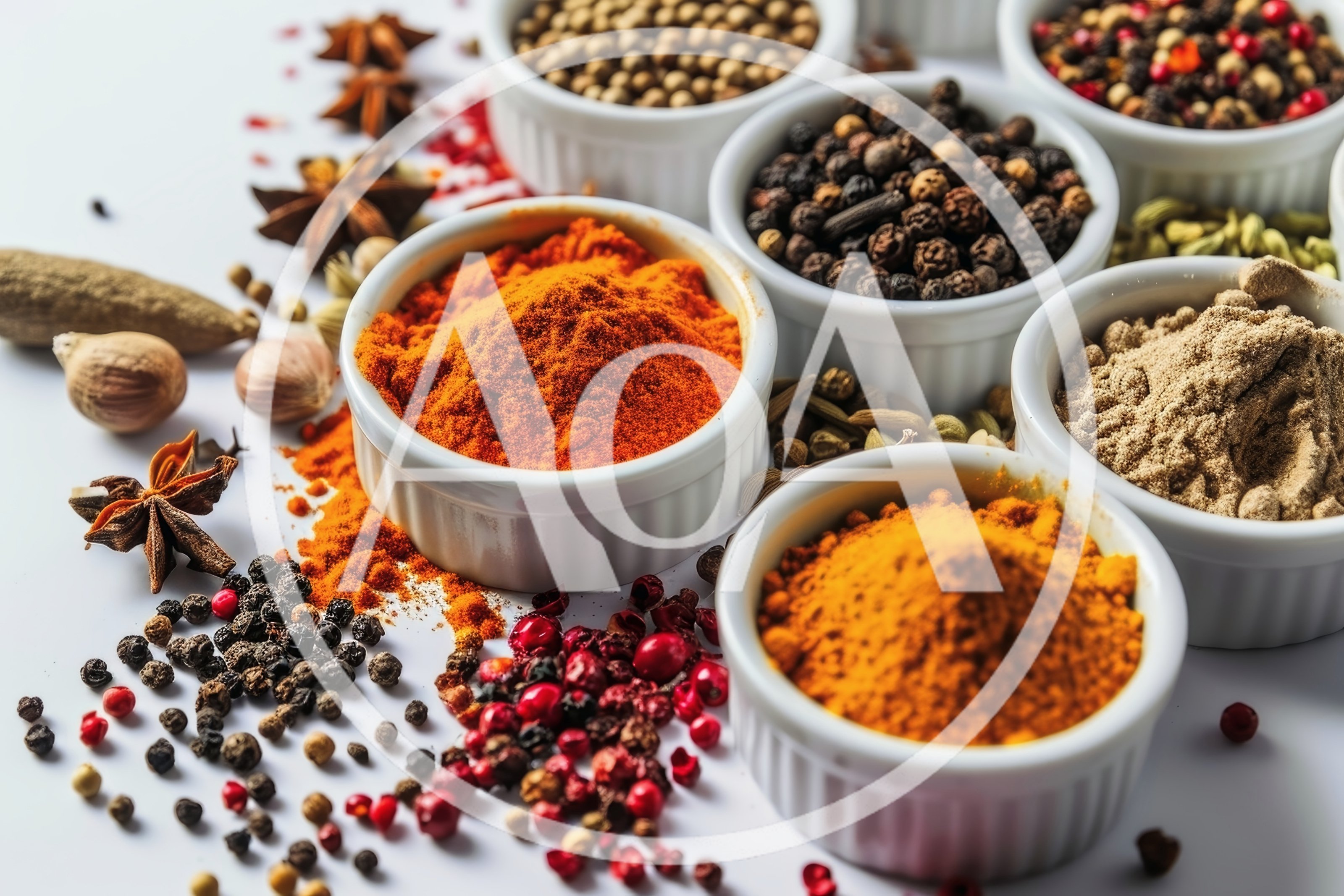 Assorted Spices and Powders in White Bowls
