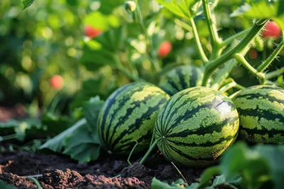 Fresh Watermelons Growing In A Sunny Garden