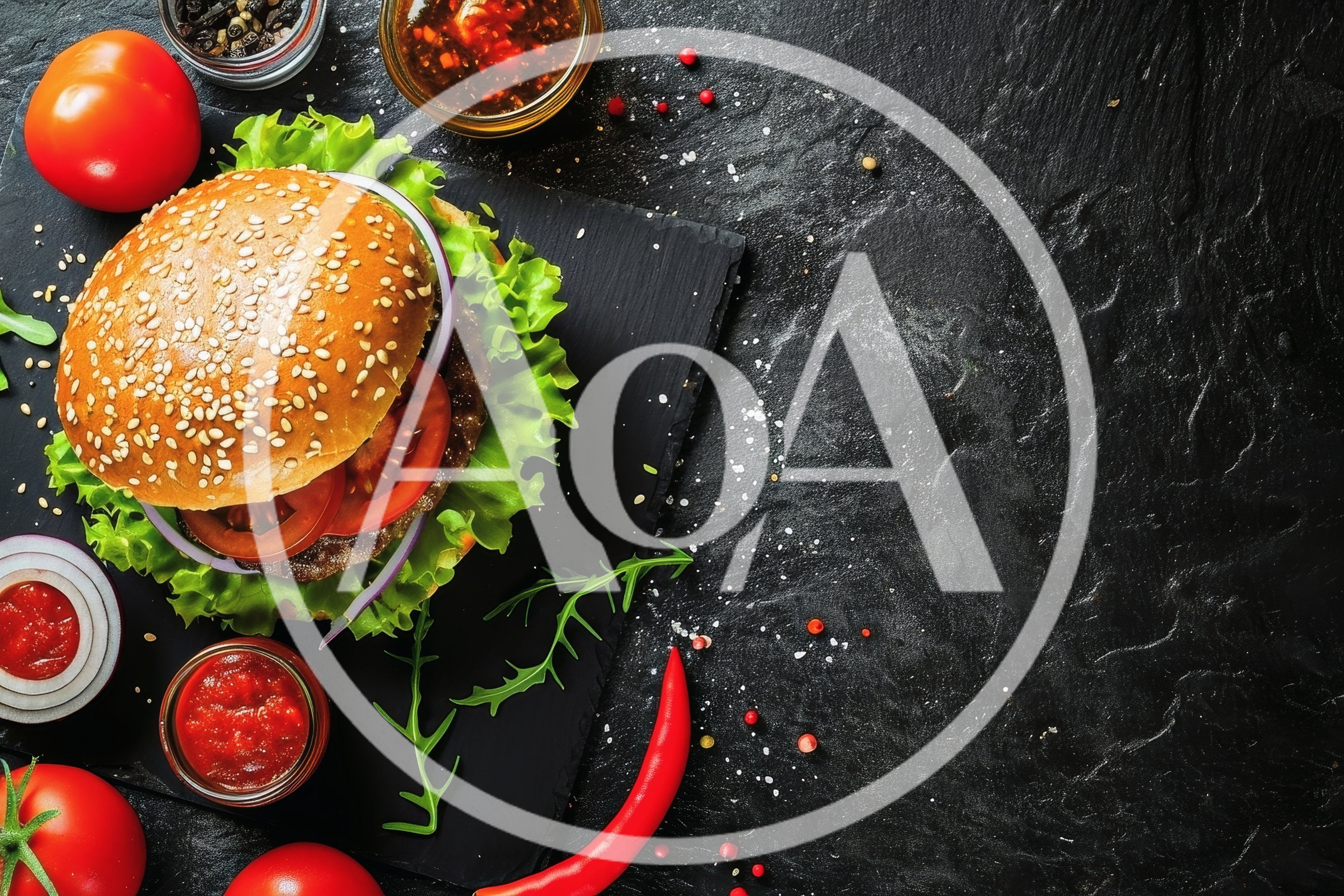 Gourmet Beef Burger With Fresh Vegetables On Slate