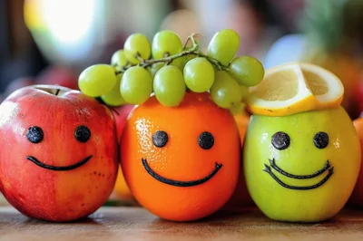 Smiling Fruit Characters With Faces And Grapes