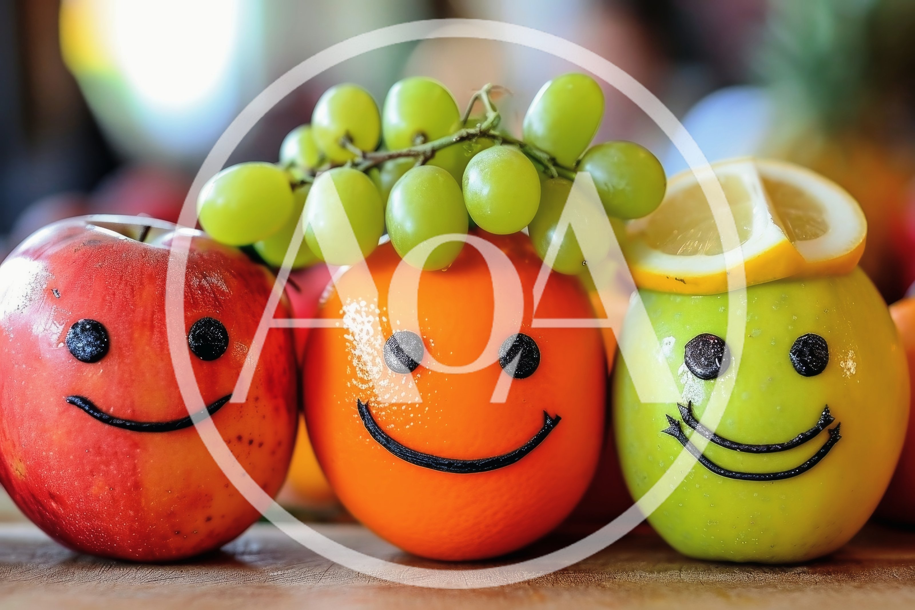 Smiling Fruit Characters With Faces And Grapes