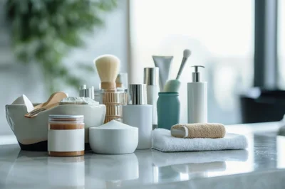 Skincare Products And Grooming Tools On A Marble Countertop