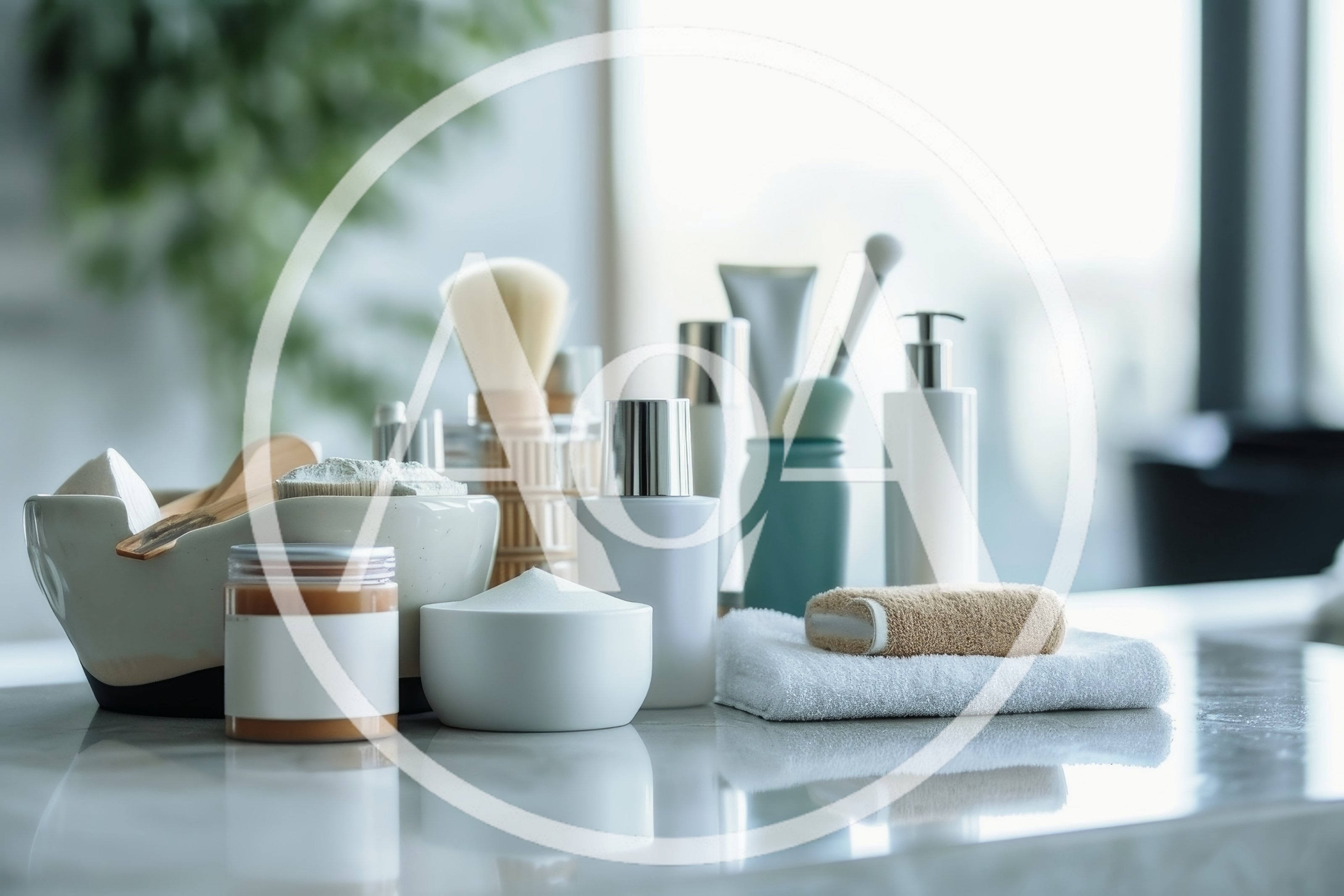 Skincare Products And Grooming Tools On A Marble Countertop