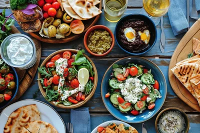Top View Of Mediterranean Mezze Platter Spread