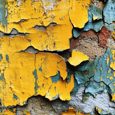 Peeling Yellow And Blue Paint On Weathered Concrete Wall