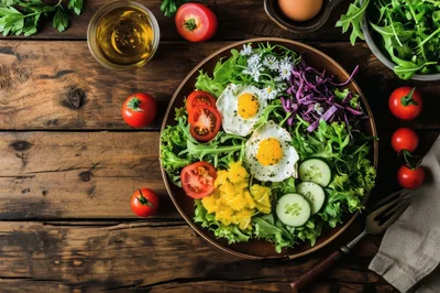 Healthy Salad Bowl With Fried Eggs On Wooden Table
