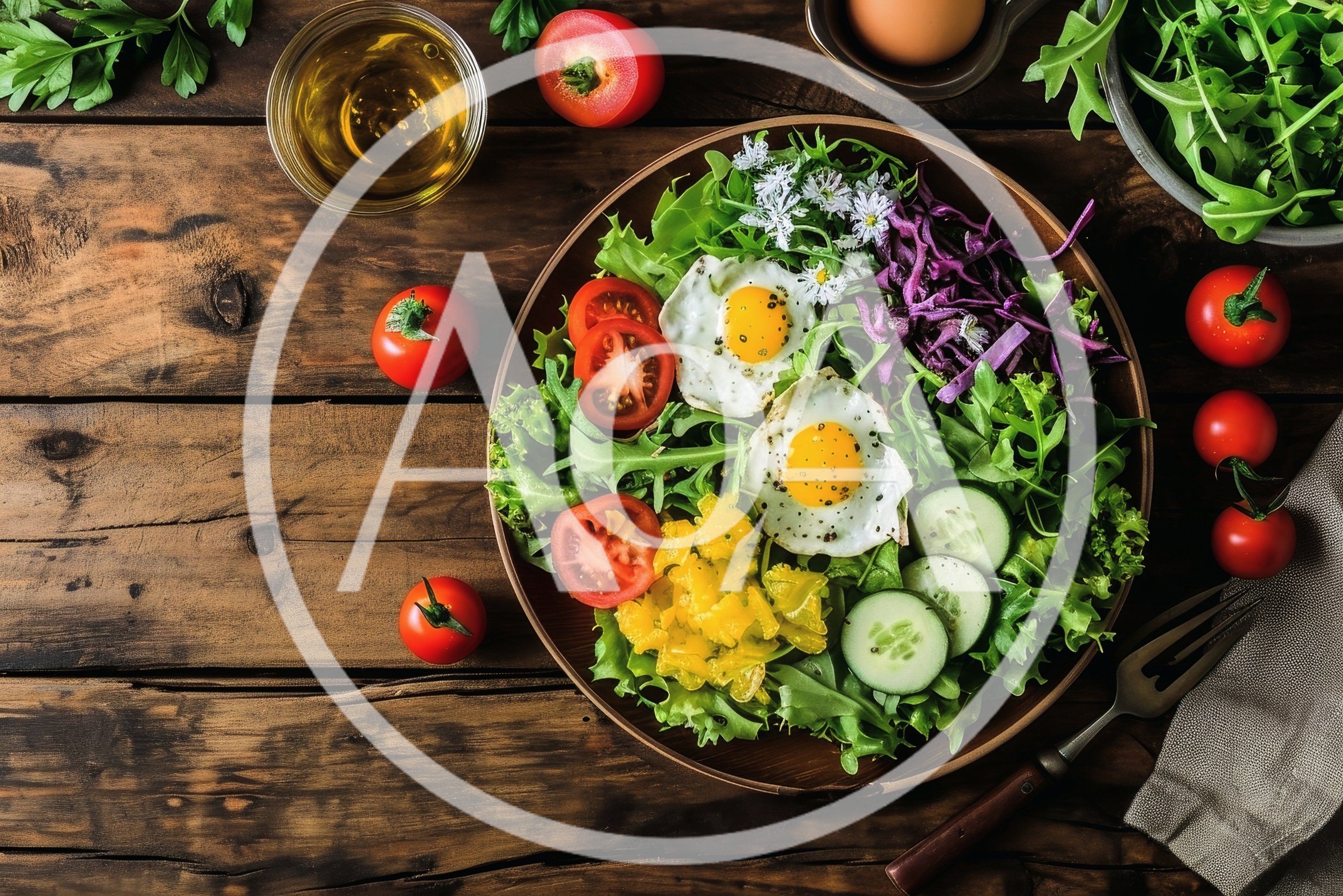 Healthy Salad Bowl With Fried Eggs On Wooden Table