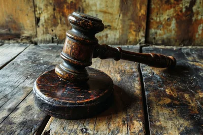 Wooden Judge Gavel Resting On A Rustic Table
