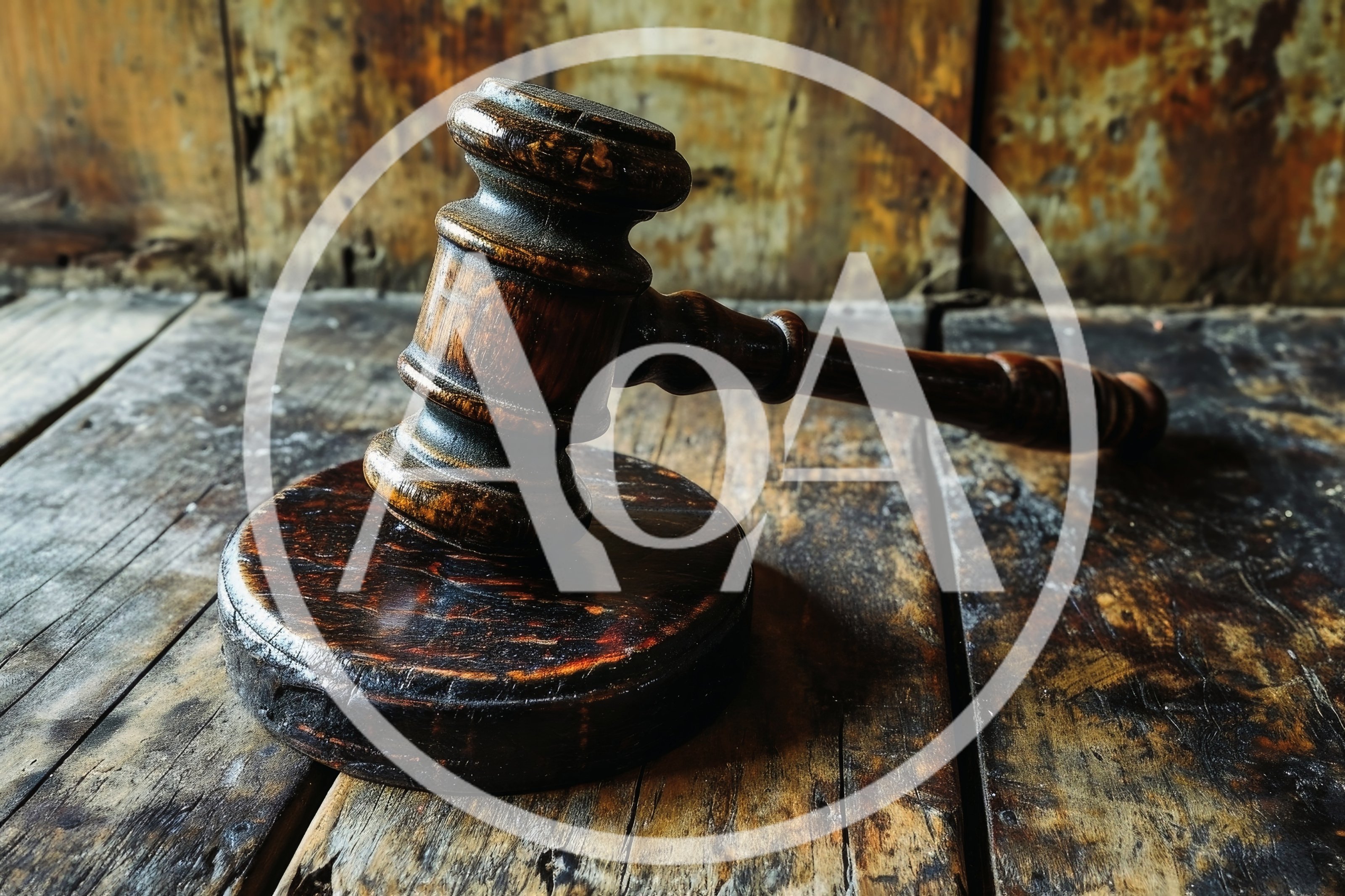Wooden Judge Gavel Resting On A Rustic Table