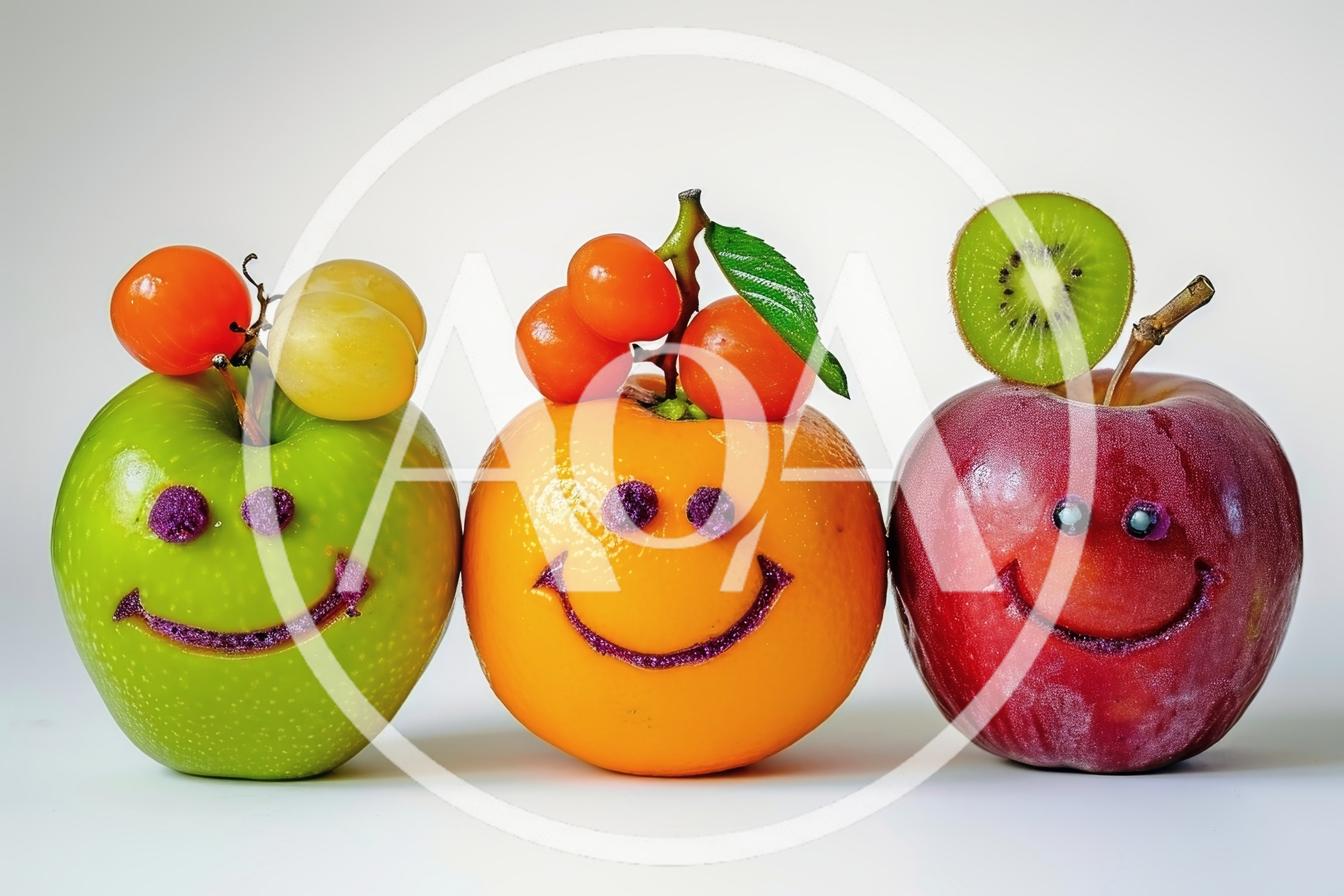 Three Smiling Fruit Characters With Decorative Faces