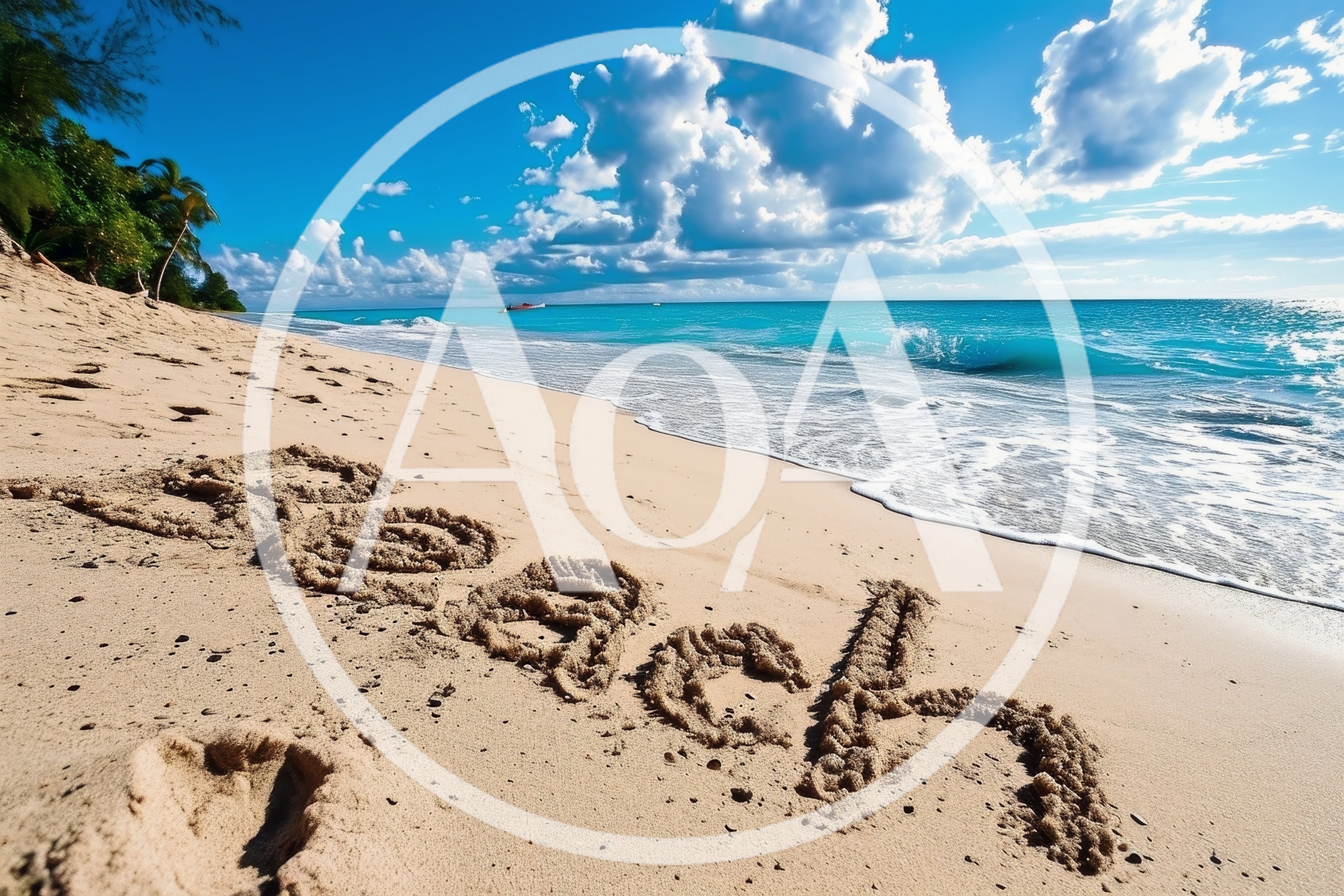 Word Beach Written In Sand On Tropical Shoreline