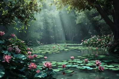 Enchanted Forest Pond With Blooming Pink Water Lilies