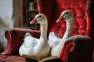 Two White Geese Sitting Together on a Red Armchair