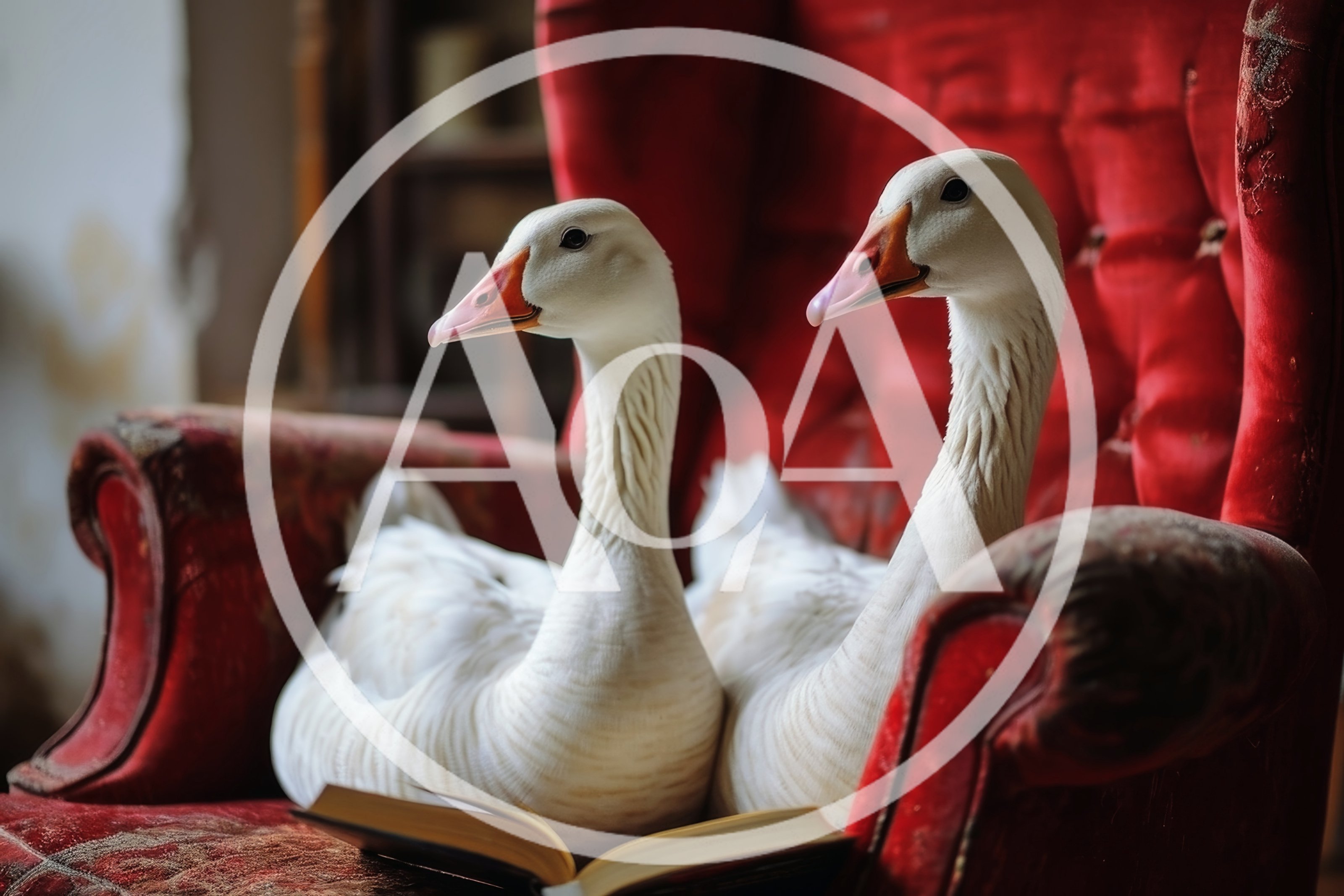 Two White Geese Sitting Together on a Red Armchair