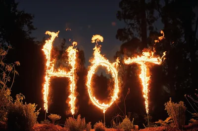 Flaming Hot Text Sign Burning In Night Garden