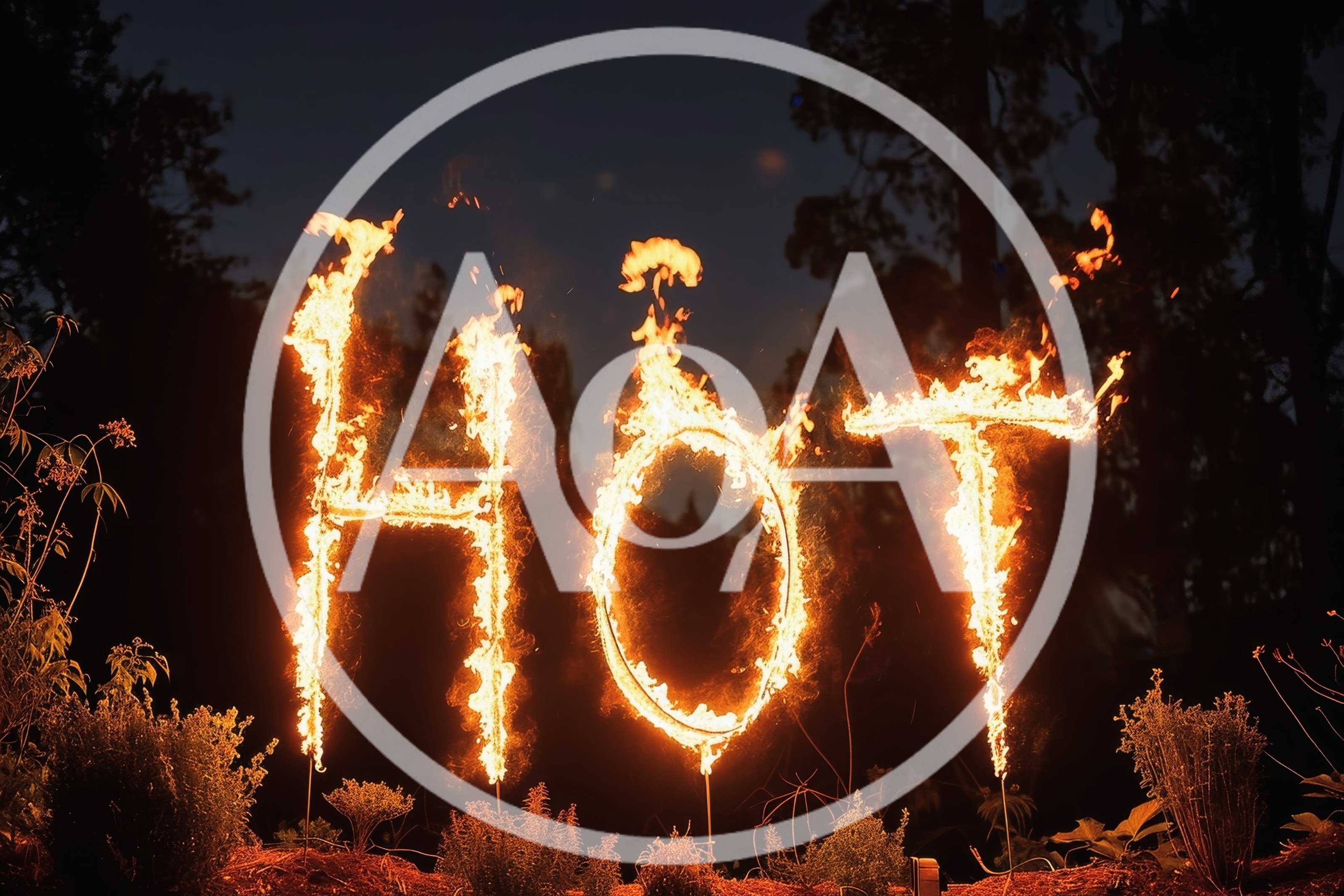 Flaming Hot Text Sign Burning In Night Garden