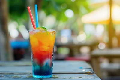 Layered Tropical Cocktail With Straws On Outdoor Table