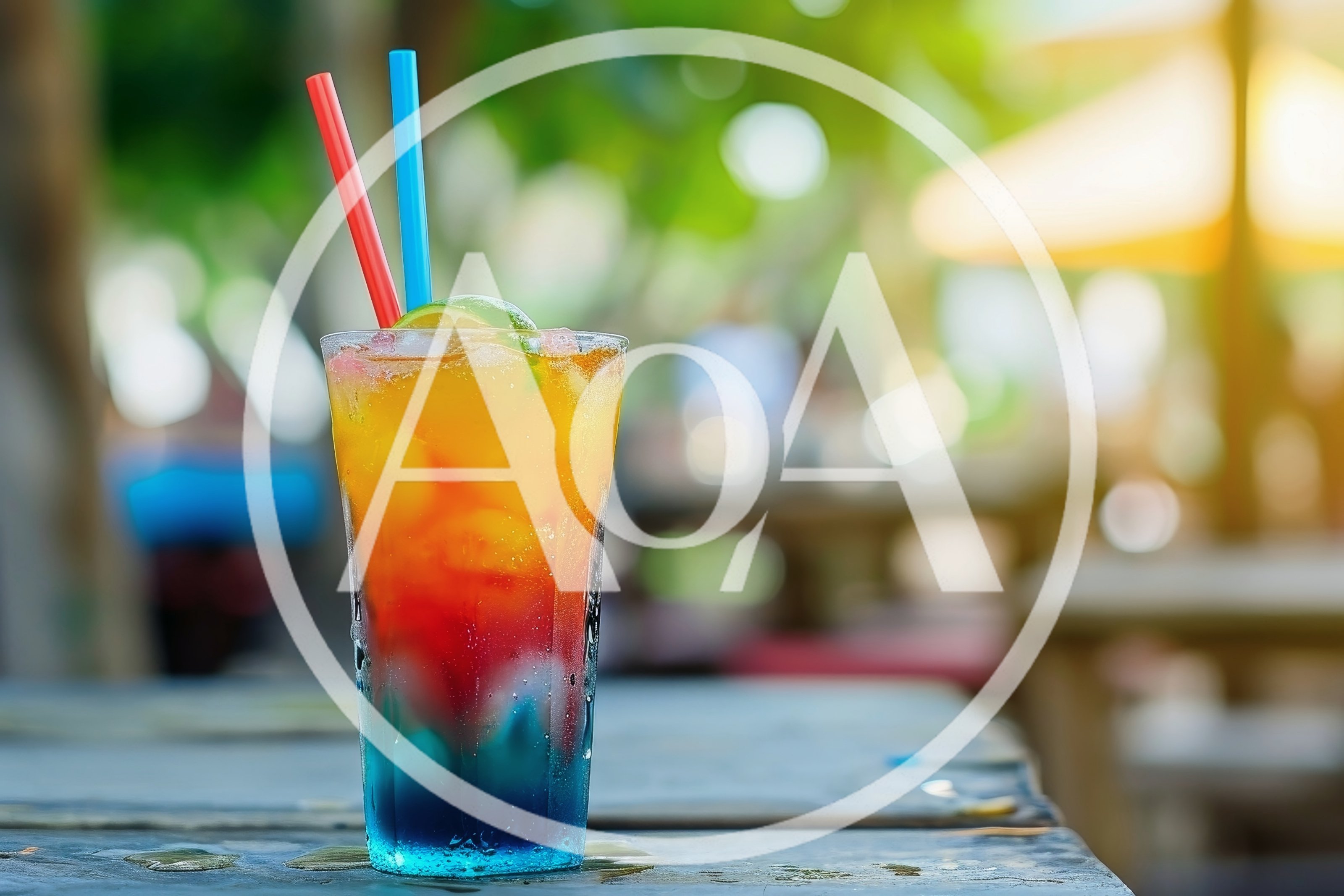 Layered Tropical Cocktail With Straws On Outdoor Table