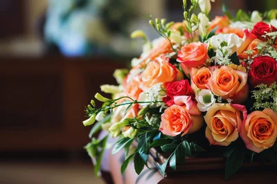 Elegant Floral Arrangement On A Wooden Casket