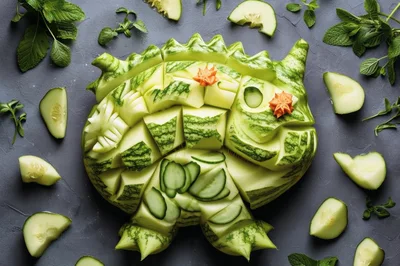 Creative Watermelon Carving Shaped Like A Dinosaur